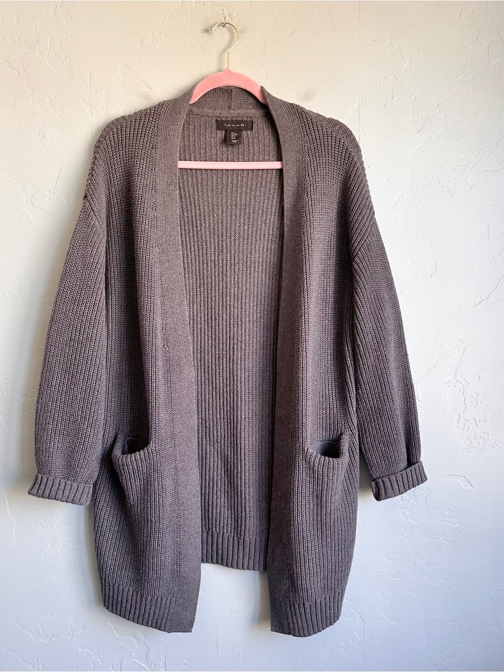 Tahari Women's Classic Open-Front Knit Cardigan Sweater Gray Medium Coastal Fall